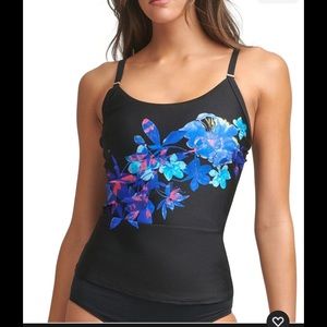 Calvin Klein BLACK MULTI ISLAND FLORAL SHIMMER Print Tankini Swim Top, US Medium
